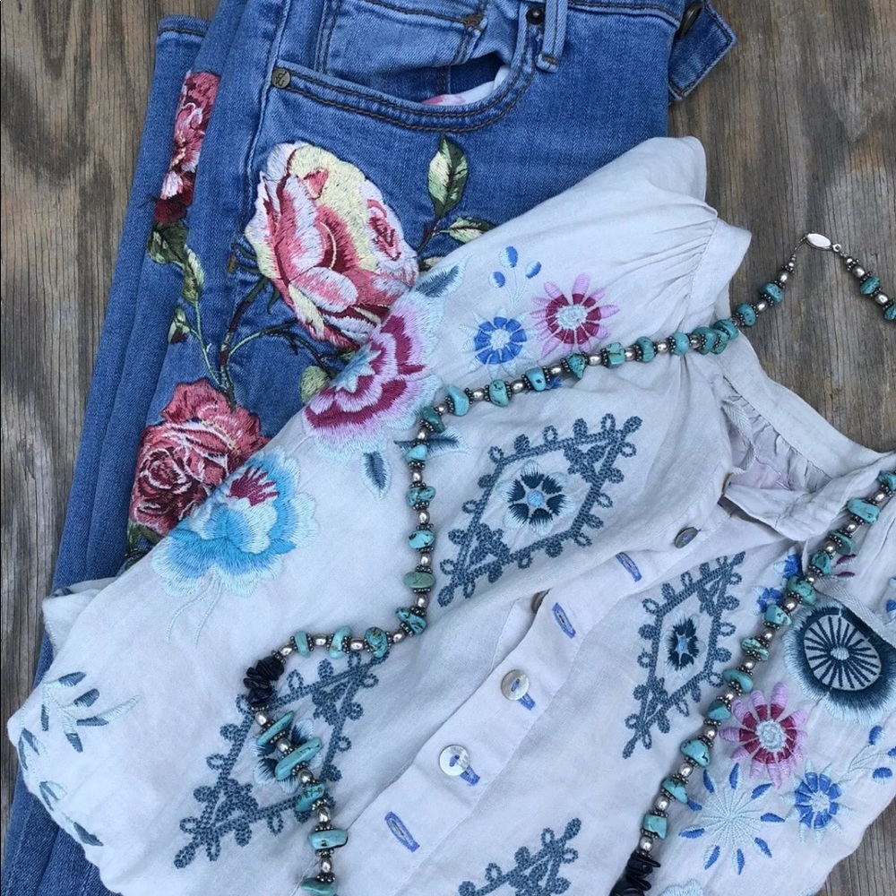 Driftwood embroidered Jackie jeans skinny floral cottagecore retro hippie